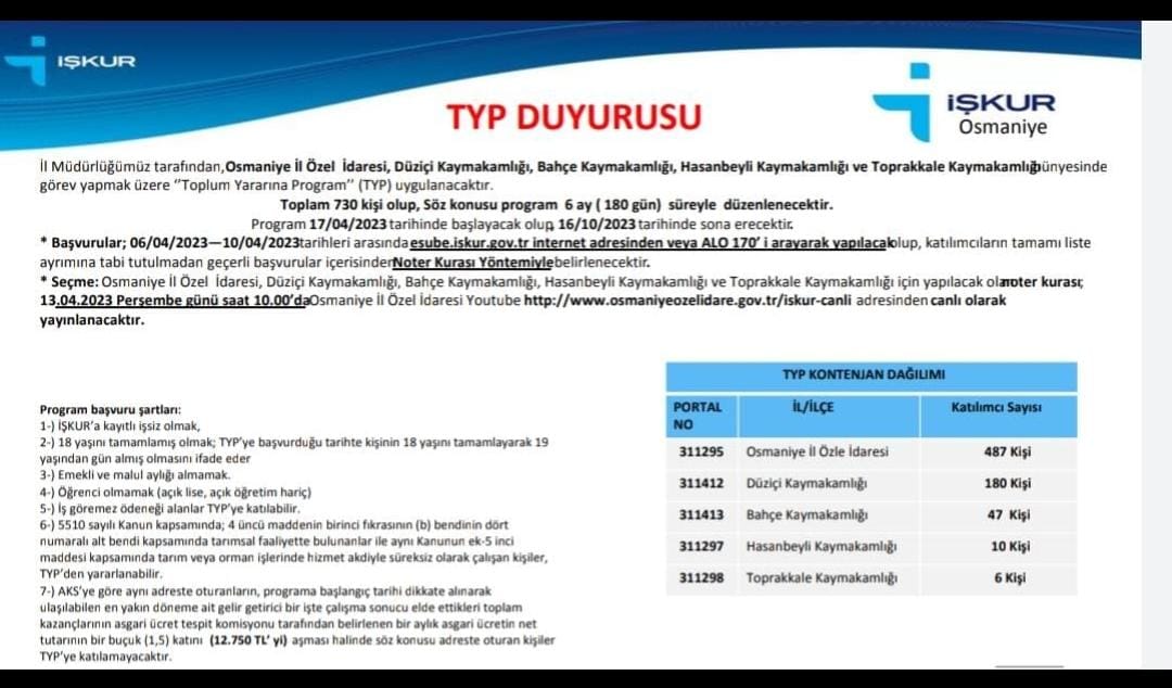 TYP kapsamında çalıştırılmak üzere işçi alınacak